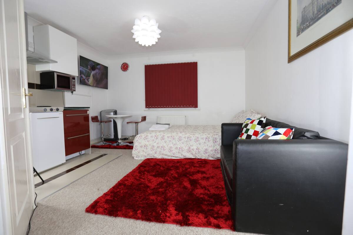 A compact bedroom with a bed, a black sofa, a red rug, a white desk, and a kitchenette.