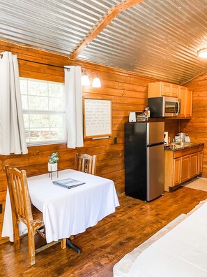 Fridge, microwave, coffee/tea maker, toaster