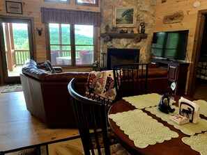 Flat-screen TV, fireplace