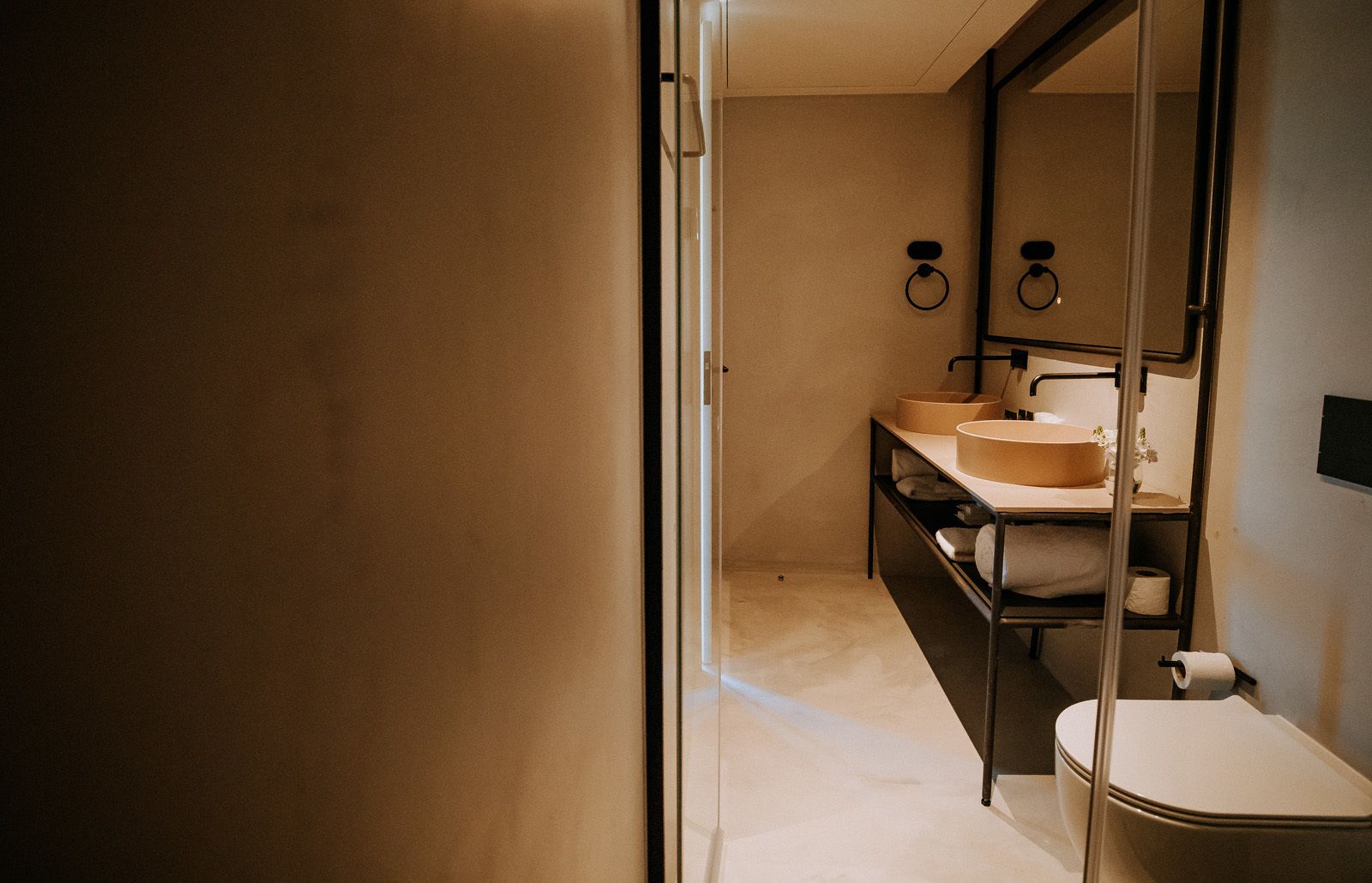 A bathroom with a toilet, two sinks, a mirror, and a towel rack.