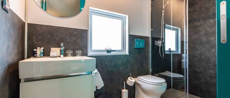 A modern bathroom with a white sink, a toilet, and a glass-enclosed shower.