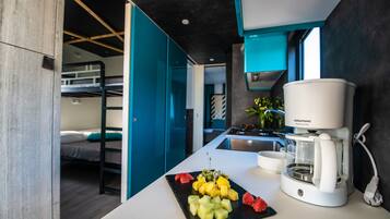 Camping Villa | Private kitchenette | Full-size fridge, microwave, stovetop, coffee/tea maker
