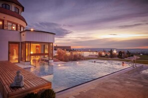 Indoor pool, outdoor pool, pool umbrellas, sun loungers