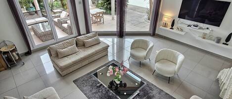 Smart TV, foosball, books, computer monitors