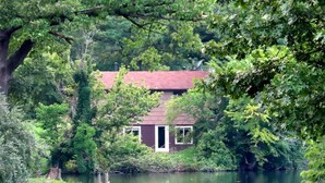 A house surrounded by dense greenery and a calm lake.