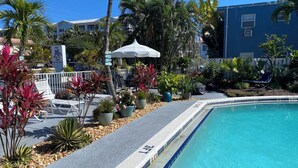 A swimming pool with a tiled edge, surrounded by potted plants and palm trees. - Honu Cove (Age 16+) (Deerfield Beach)
