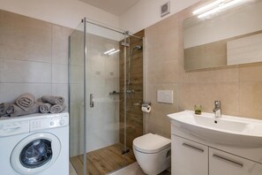 Douche, séchoir à cheveux, serviettes fournies, savon