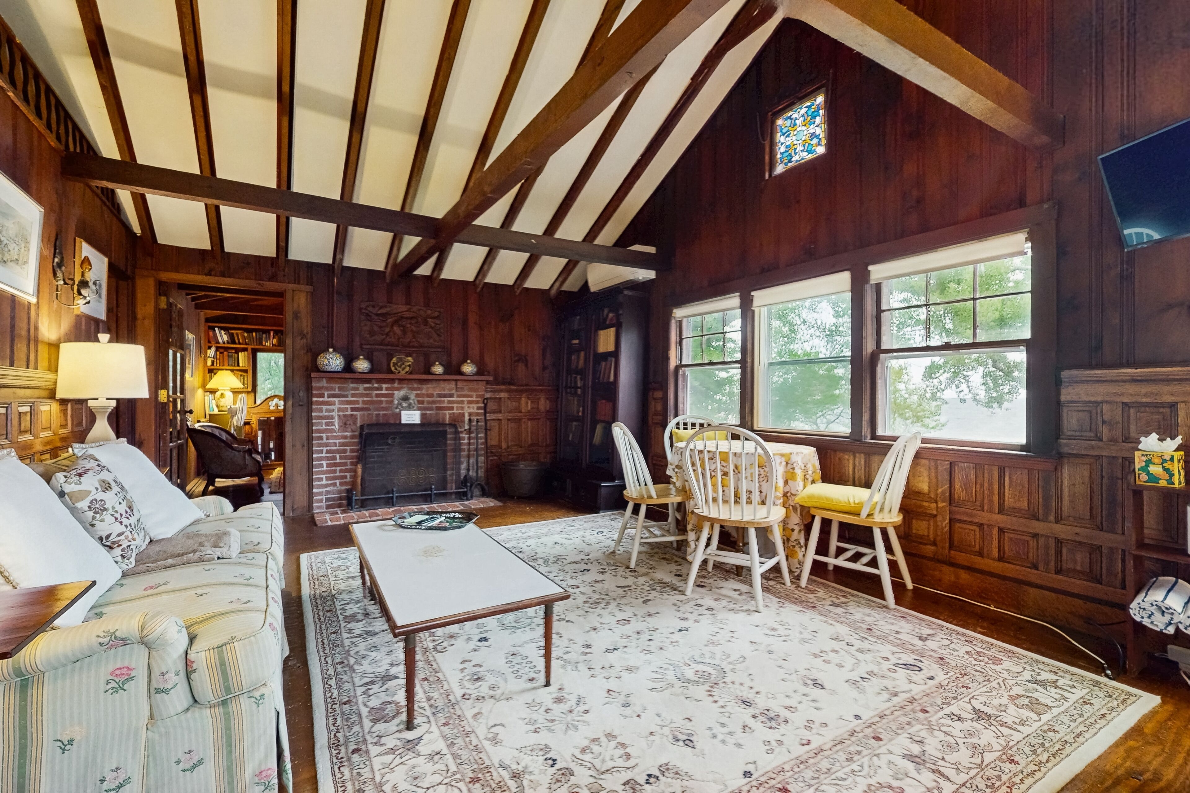 TV, fireplace, books