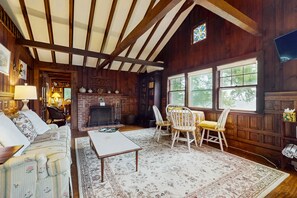 TV, fireplace, books