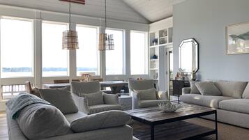 TV connectée, cheminée, lecteur de DVD, livres