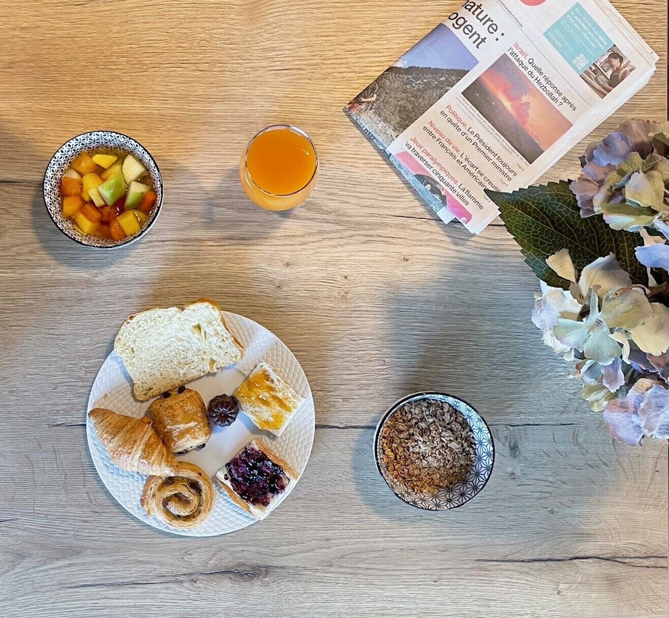 A table with a plate of pastries, a bowl of fruit, a glass of juice, and a newspaper.