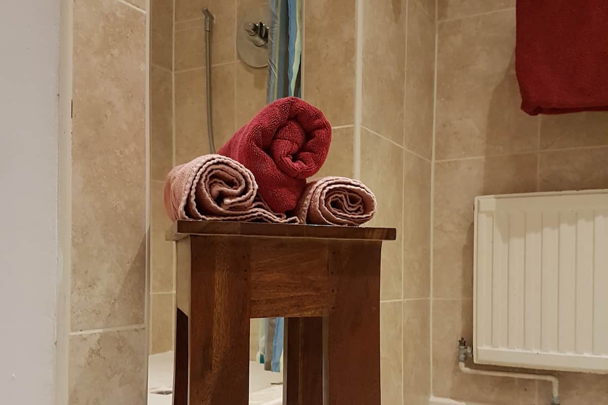 shower, hair dryer, heated floors, towels