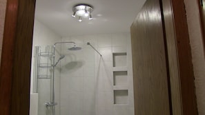 House, Hill View | Bathroom | Shower, rainfall showerhead, towels - Ferienwohnung Max Riedl (Zachenberg)