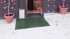 Uma entrada com portão e tapete verde conduzindo a uma porta, ladeada por dois vasos com flores roxas.