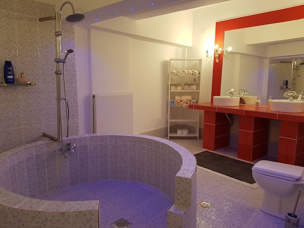 Luxury Apartment, Multiple Beds, Courtyard View | Bathroom | Shower, hair dryer, towels, soap
