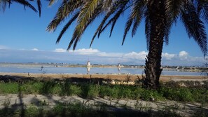 A coastal landscape with a palm tree, a body of water, and windmills in the distance. - MammaColette (Marsala)
