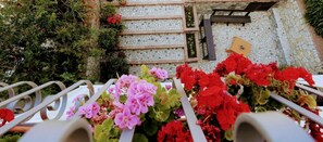 Una escalera con un muro de mosaicos, barandales metálicos y plantas en macetas con flores rojas y rosas.