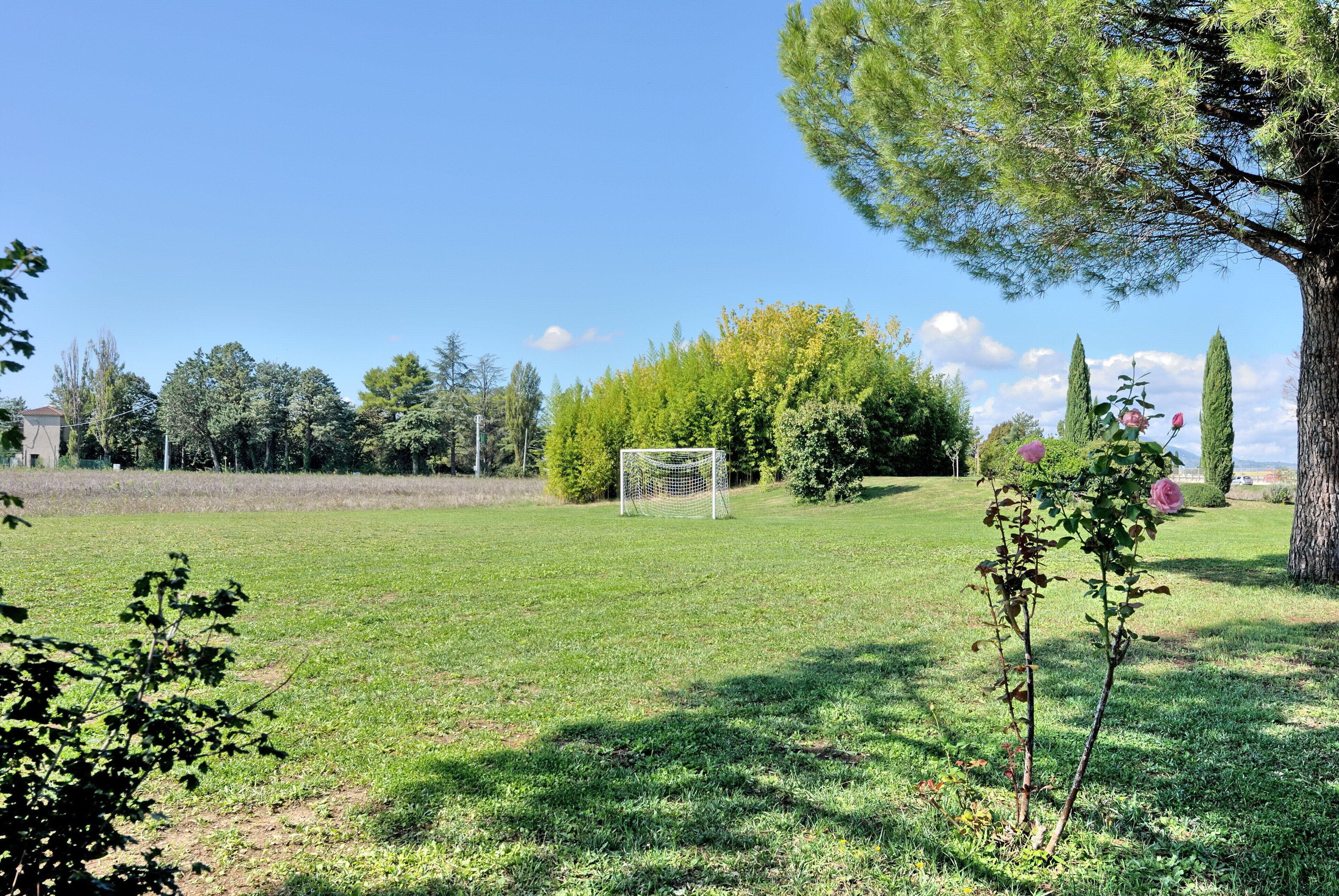 Un campo cubierto de césped con un arco de fútbol, árboles y cielo despejado.