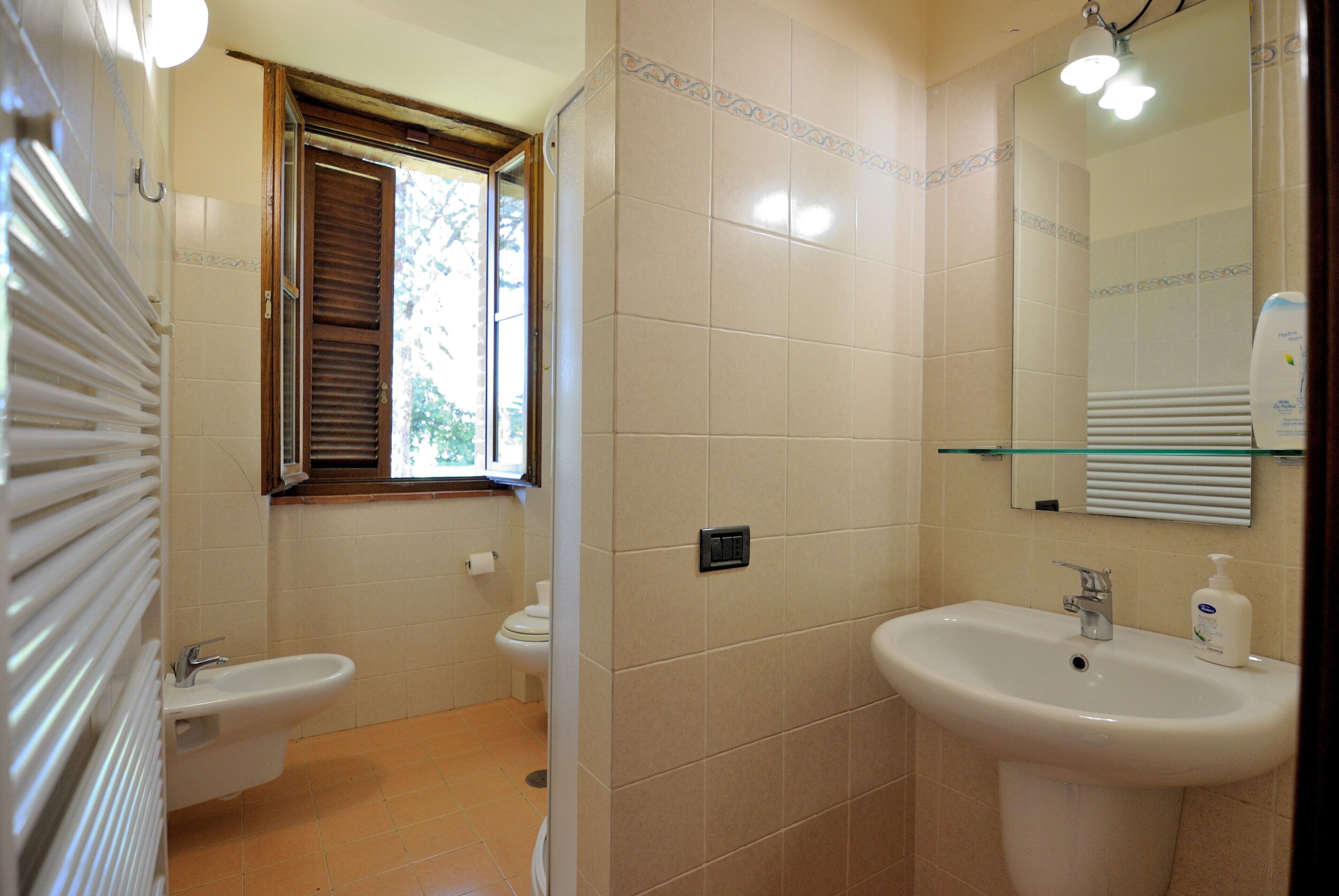 A bathroom with a bidet, toilet, sink, and a mirror with a glass shelf above the sink.