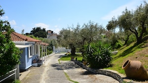 A paved pathway leading to a building with a tiled roof, surrounded by greenery and trees. - Orestis Suites (Skiathos)