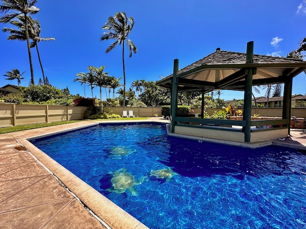 Relax by the serene pool surrounded by lush greenery and palm trees.
