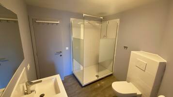 A modern bathroom with a glass shower enclosure, a white sink, and a toilet.