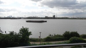 Une rivière avec un grand navire visible au loin, une vue sur les gratte-ciel d’une ville et un pont au premier plan.