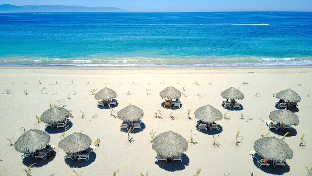 A beach with thatched umbrellas and lounge chairs arranged in rows. - Krystal Vallarta - All Inclusive (Puerto Vallarta)