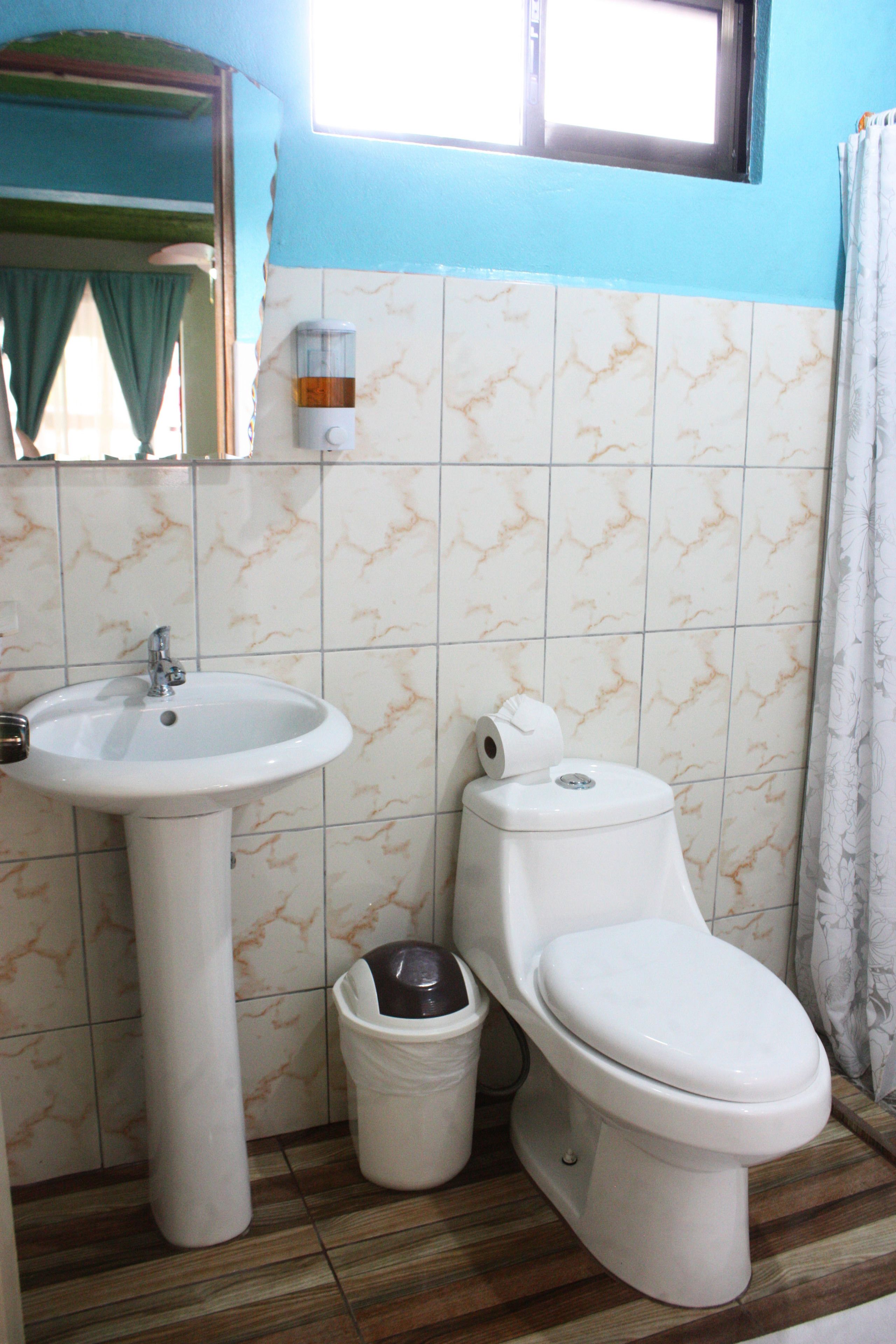 Un baño con lavamanos, inodoro y cubo de basura.