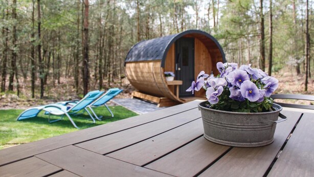 A rustic wooden barrel house in a forest, with a table and chairs in the foreground and a potted plant with purple flowers. - Awesome home in Ommen with sauna (Ommen)