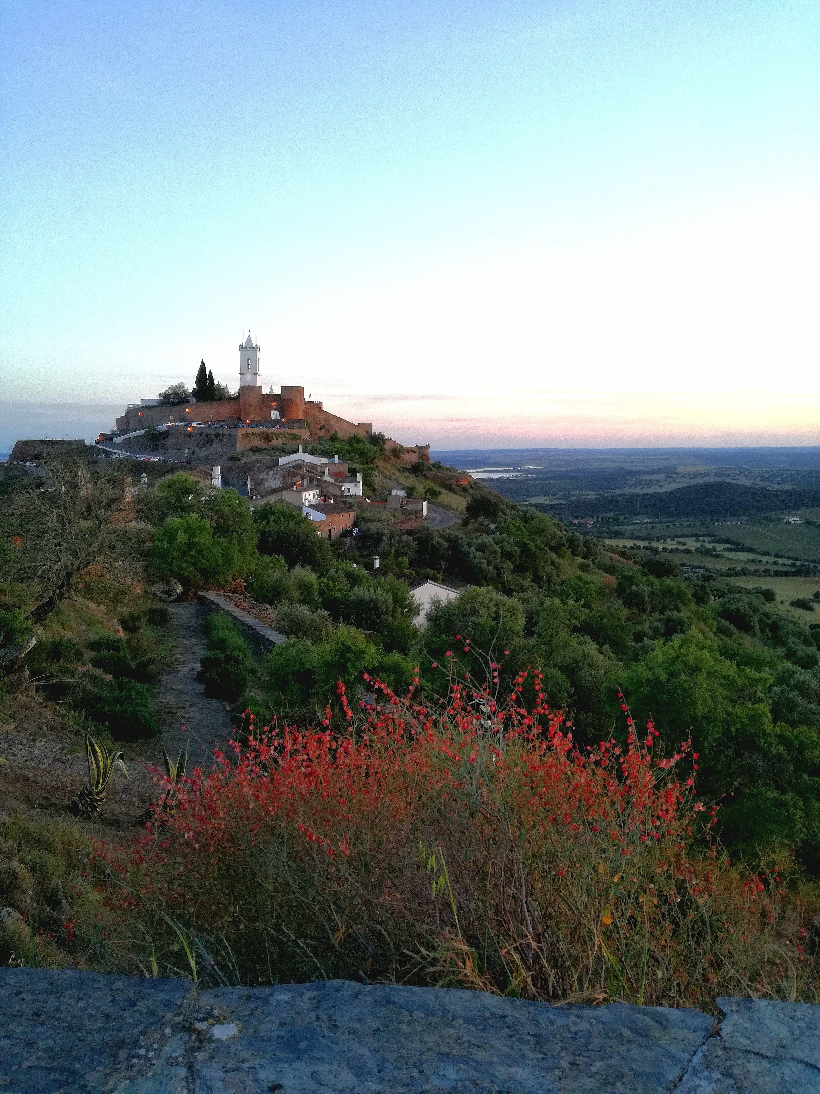 A fortified hilltop structure with a tower, surrounded by greenery and a winding path.