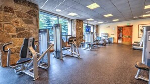 A gym with various exercise machines, stone walls, and large windows. - Premier 2 Bedroom Mountain View Condo Located in Historic Downtown Breckenridge Walking Distance to Peak 9 (Breckenridge)