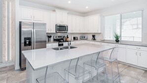 A modern kitchen with white cabinets, stainless steel appliances, a central island with bar stools, and a large window with blinds.