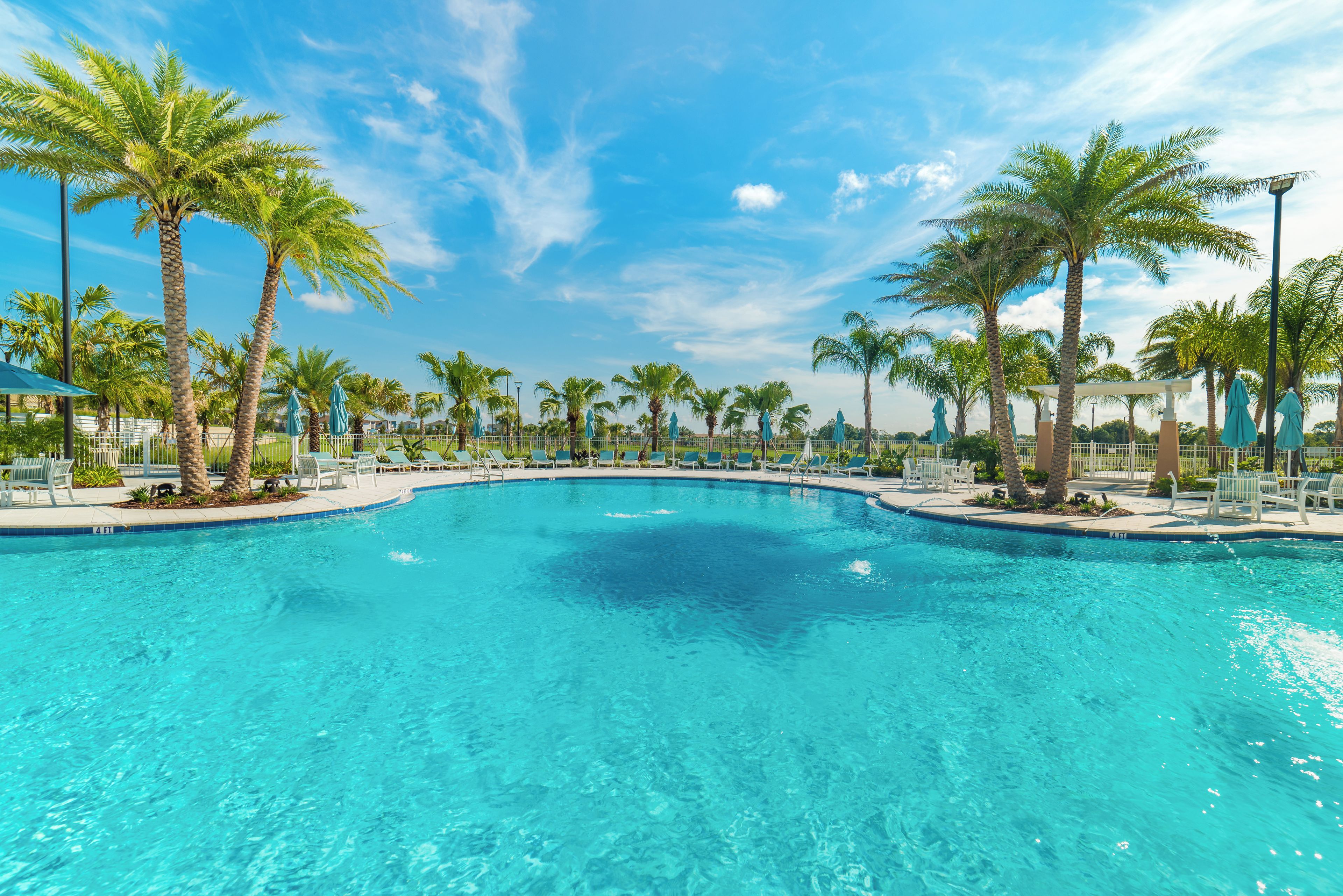 A clear blue swimming pool surrounded by palm trees and lounge chairs.