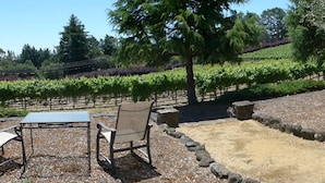 Eine Terrasse mit Tisch und zwei Stühlen, umgeben von einer Steinmauer und einem Garten mit verschiedenen Pflanzen und Bäumen.