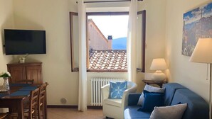Un salon comprenant un canapé, un téléviseur, une table à manger avec des chaises, un tapis à motifs et une vue sur un toit recouvert de tuiles, visible à travers une porte ouverte.