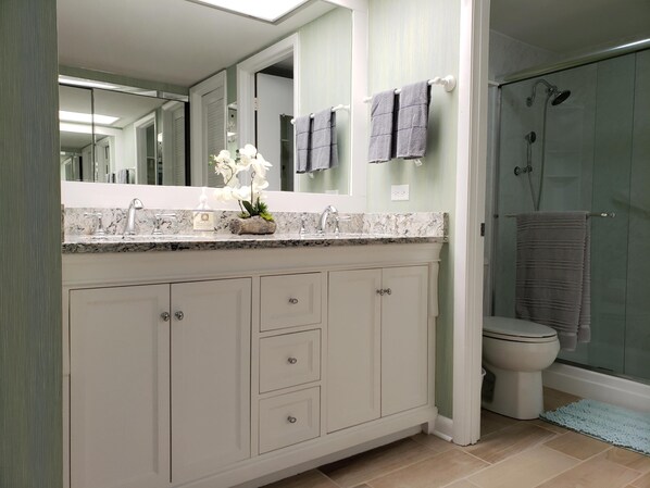 A bathroom with a marble countertop, a sink, a toilet, a shower, and a mirror.