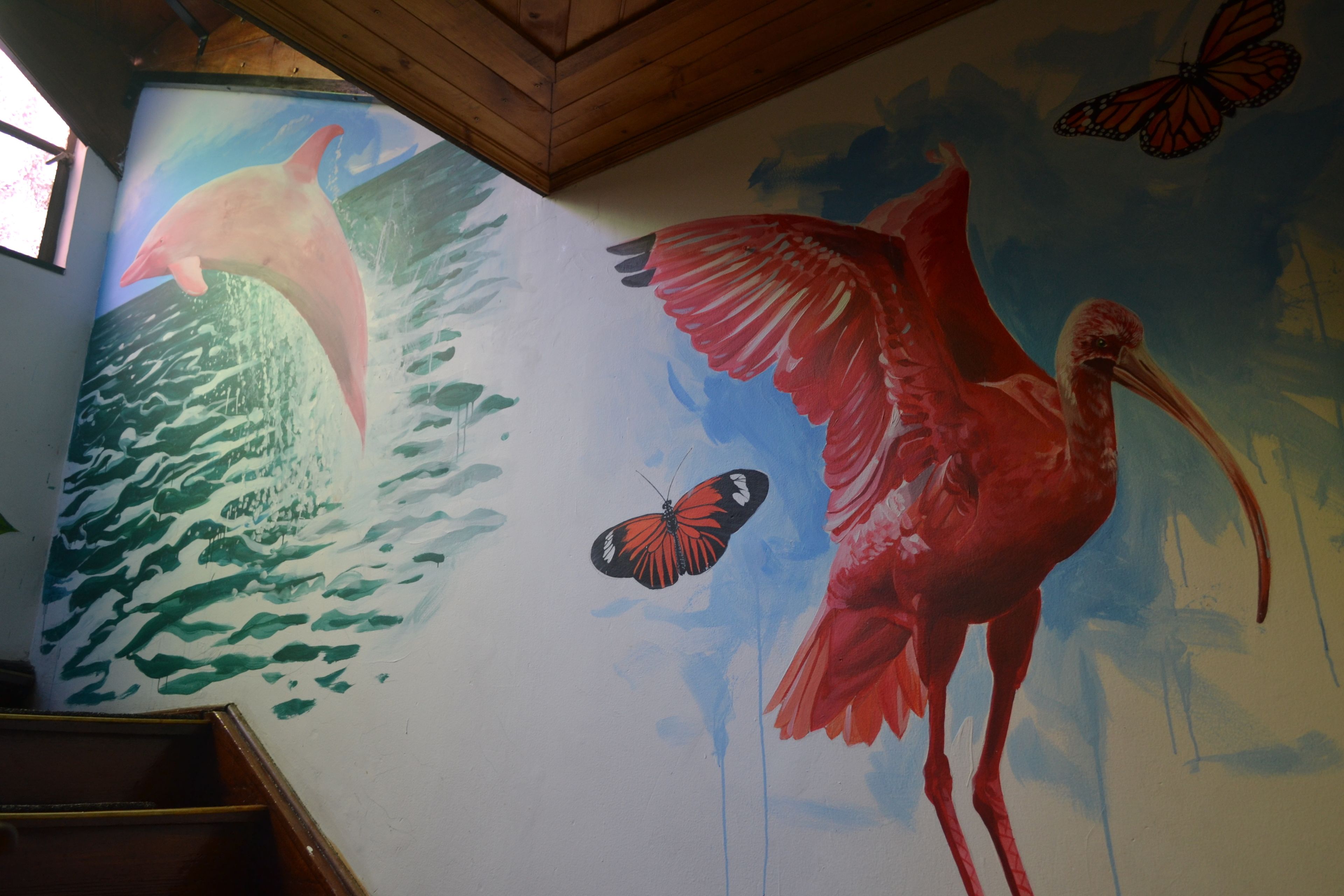 A mural with a dolphin, a flamingo, and a butterfly.
