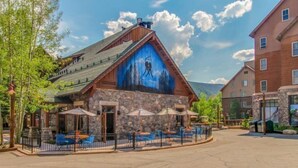 A lodge with outdoor seating and a mountain mural. - 1 Bedroom Mountain Condo in the Heart of River Run Village within walking distance to ski lift (Keystone)