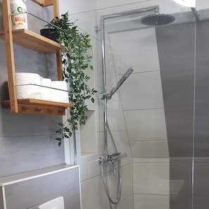 Shower, hair dryer, towels, soap