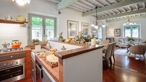 A spacious kitchen with modern appliances, a dining area with comfortable seating, and large windows allowing natural light. - VILLA D'AMICO, charming indulgence overlooking Lucca Town Centre (Lucca)