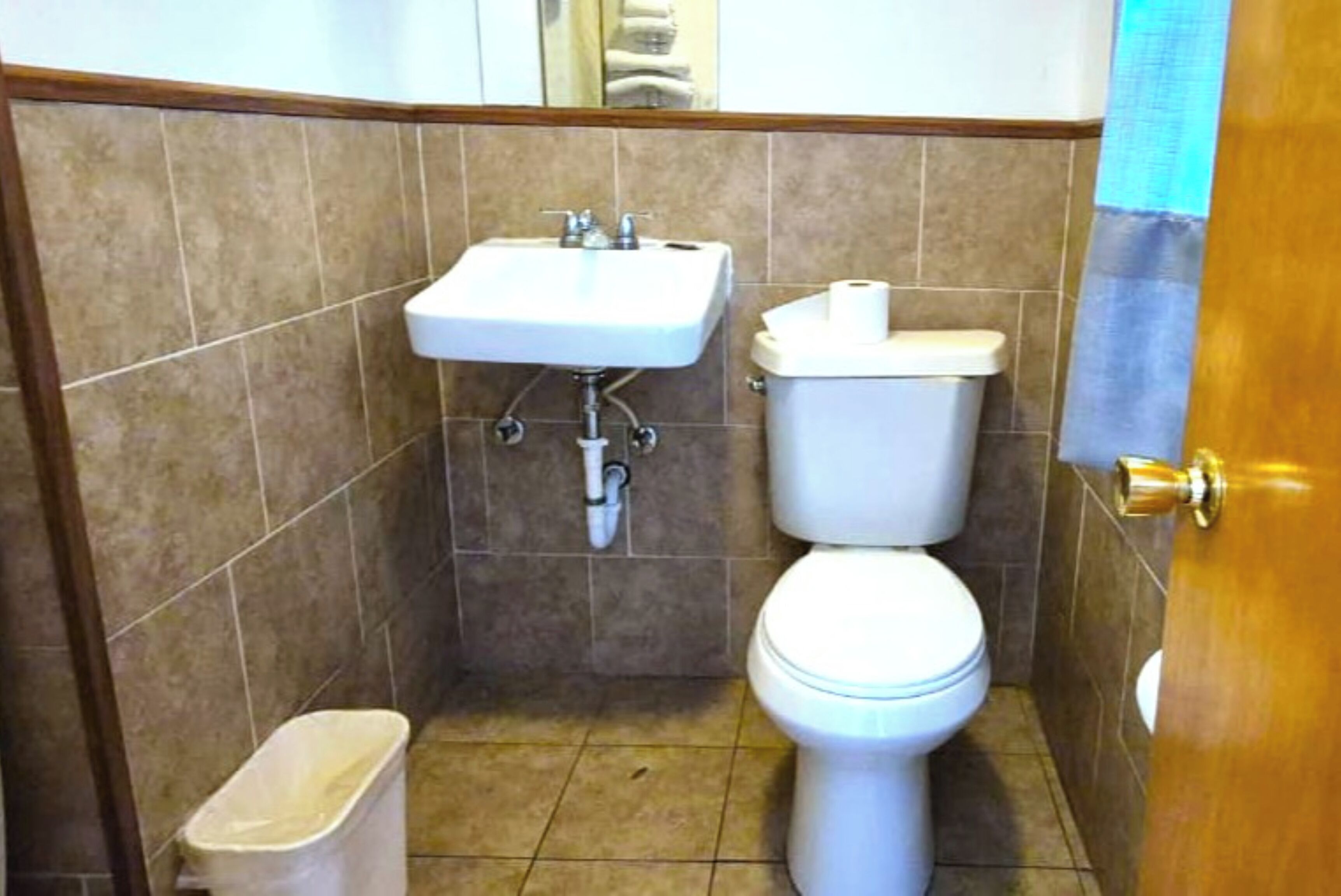 A small bathroom with a sink, toilet, and trash can.