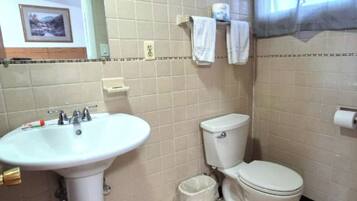 A bathroom with a white sink, toilet, and a trash bin.