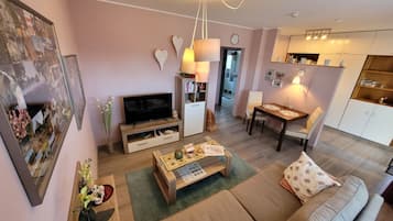 TV, DVD player, books, stereo