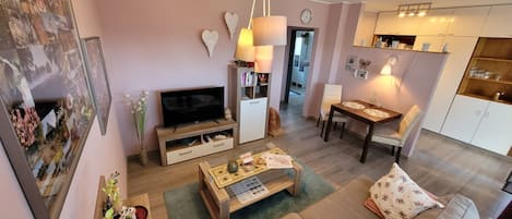 Een televisie, een dvd-speler, boeken en een stereo