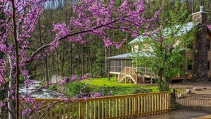 Une cabane avec une façade en pierre, une terrasse en bois et une vue sur une rivière.