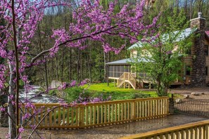 Eine Holzhütte mit einer Holzterrasse, umgeben von einem Wald mit blühenden Bäumen.