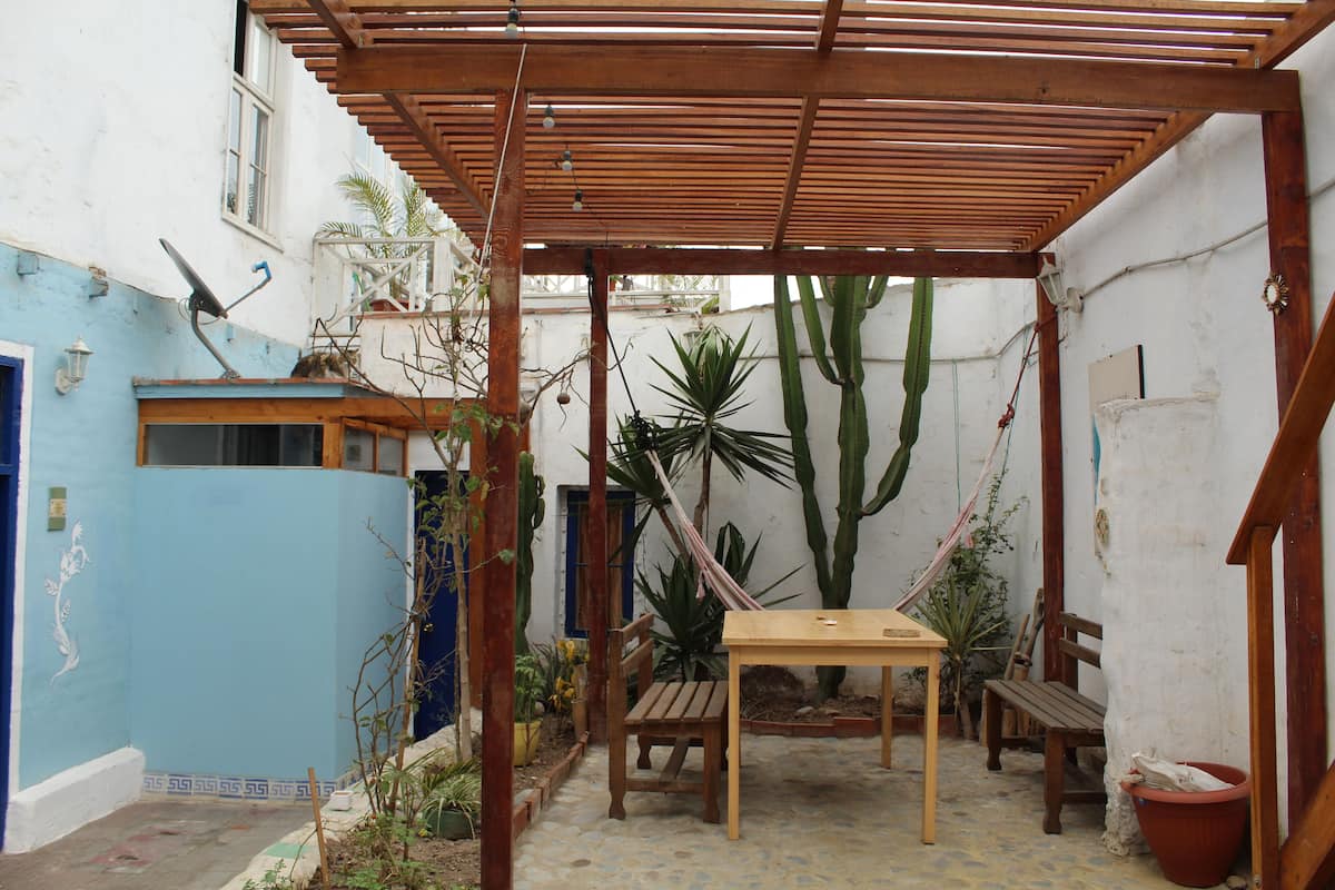 A covered patio with a wooden table and benches, surrounded by potted plants and a blue wall.