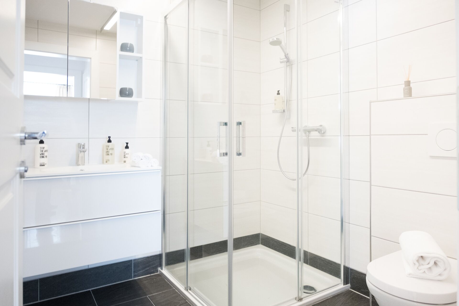Dusche, Haartrockner, Handtücher, Seife