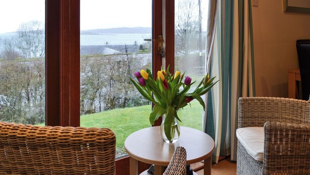A room with a view of a lake, a wicker chair, a table with a vase of tulips, and a framed picture on the wall. - 2 bedroom accommodation in Arduaine, near Oban (Arduaine, near Oban)